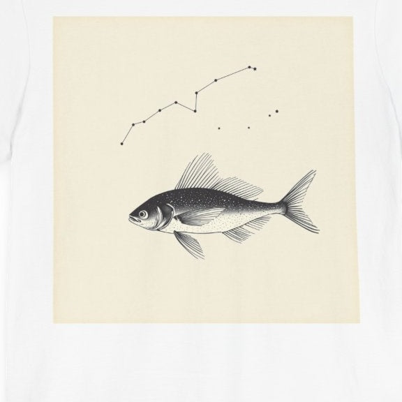 Bioluminescent deep-sea fish drifting through a starry constellation system