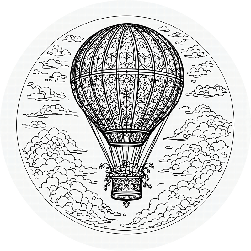 Vintage hot air balloons carrying floating gardens through clouds