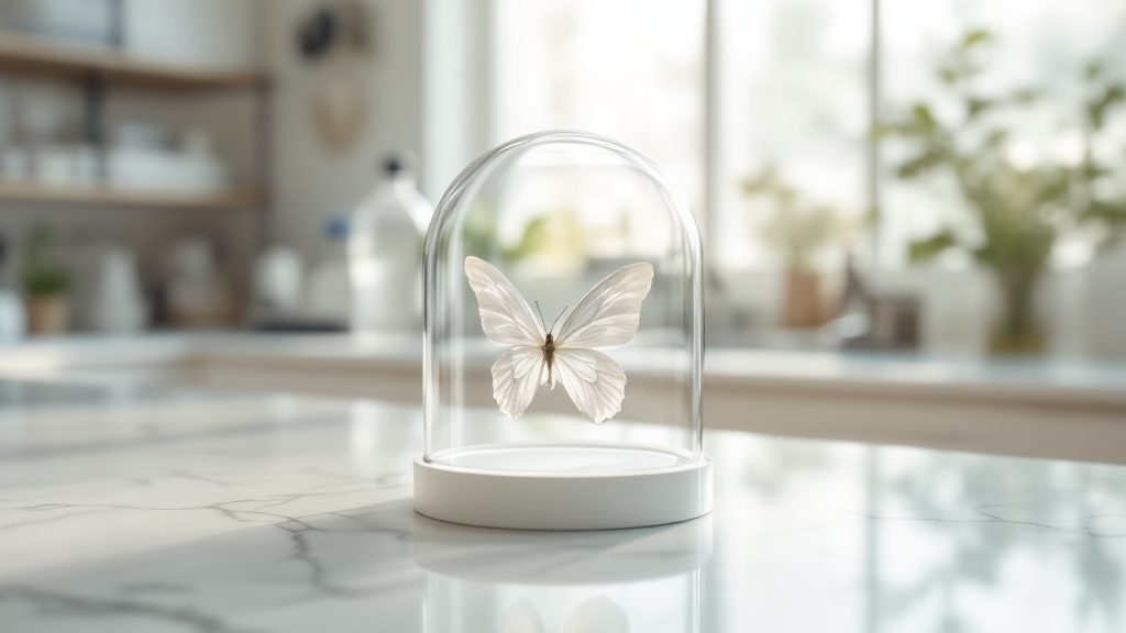 Glass dome containing a translucent butterfly specimen on a white marble lab counter